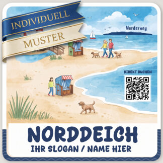 Personalisierter Sticker für Ferienwohnungen in Norddeich mit Strand-Motiv, Leuchtturm und QR-Code zur Website